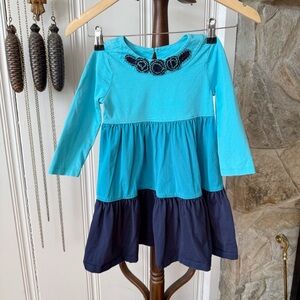 Hanna Andersson Blue Tiered Long Sleeve Embroidered Dress